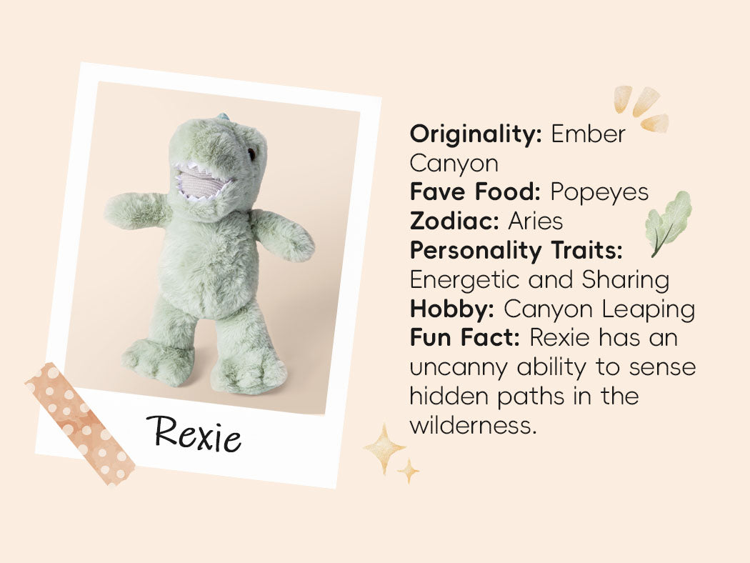 Plush toy dinosaur with character details on a beige background