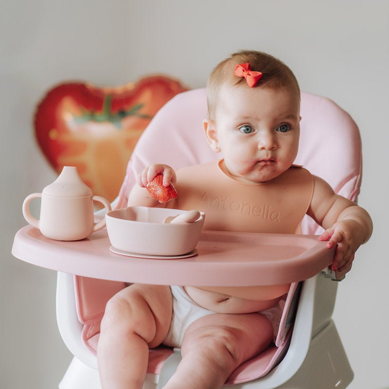 Baby Using Feeding Essentials From First Bites Gift Set Blush